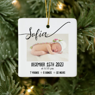 Simple Modern Baby Photo Birth Stats Ceramic Ornament