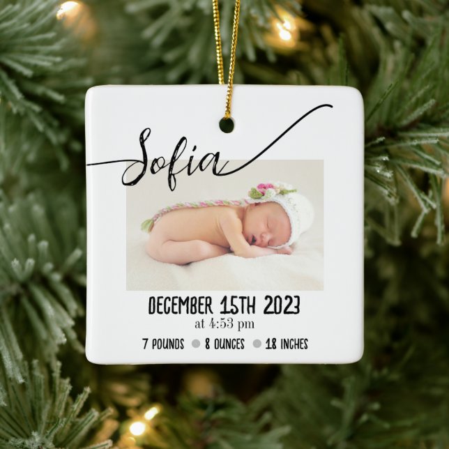 Simple Modern Baby Photo Birth Stats Ceramic Ornament (Tree)