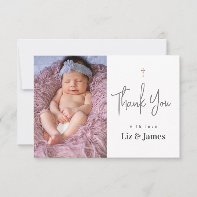 Simple Modern Baptism Thank You Card with Photo (Front)
