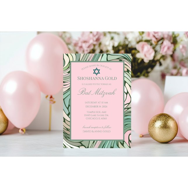 Simple Modern Bat Mitzvah Pink and Green Invitation (Creator Uploaded)