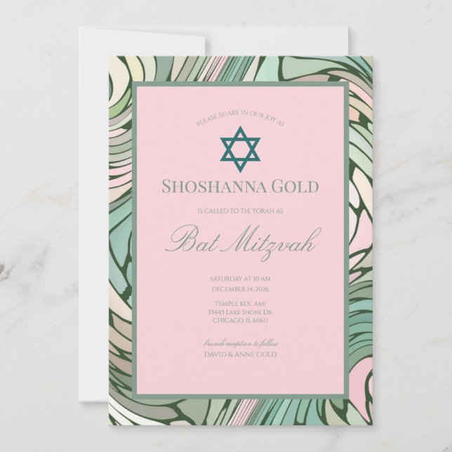 Simple Modern Bat Mitzvah Pink and Green Invitation (Front)