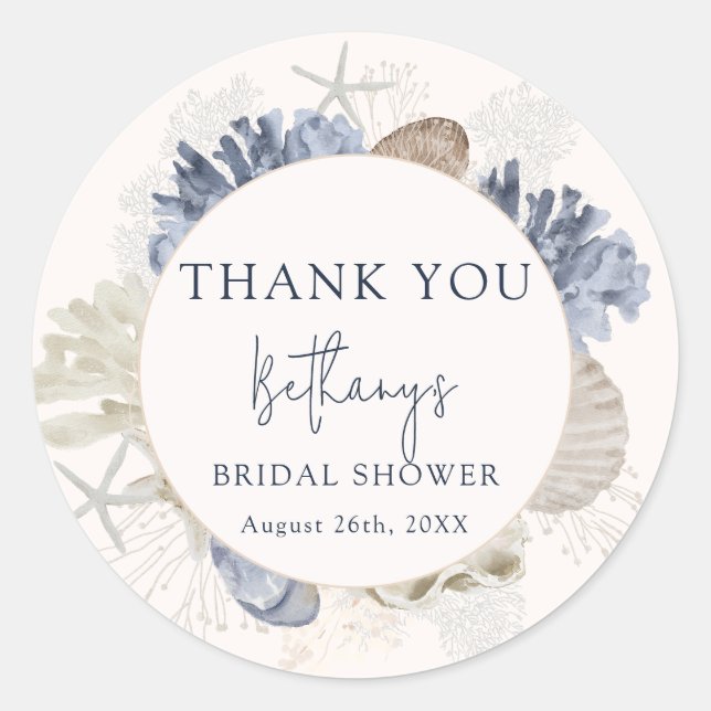 Simple Modern Beach Bridal Shower Thank You Classic Round Sticker (Front)