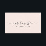 Simple Modern Beauty Salon Blush Pink Elegant Business Card<br><div class="desc">Elegant business cards featuring your signature with swashes in a grey handwritten script calligraphy along with your title over a blush pink background. The backside has your contact information over white. This simple and feminine design is great for a makeup artist, hair stylist, lashes technician, beauty / nail salon or...</div>