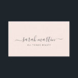 Simple Modern Beauty Salon Blush Pink Elegant Business Card<br><div class="desc">Elegant business cards featuring your signature with swashes in a grey handwritten script calligraphy along with your title over a blush pink background. The backside has your contact information over white. This simple and feminine design is great for a makeup artist, hair stylist, lashes technician, beauty / nail salon or...</div>
