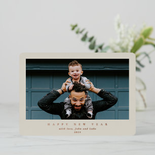 Simple Modern Beige Single Photo Happy New Year Foil Holiday Card