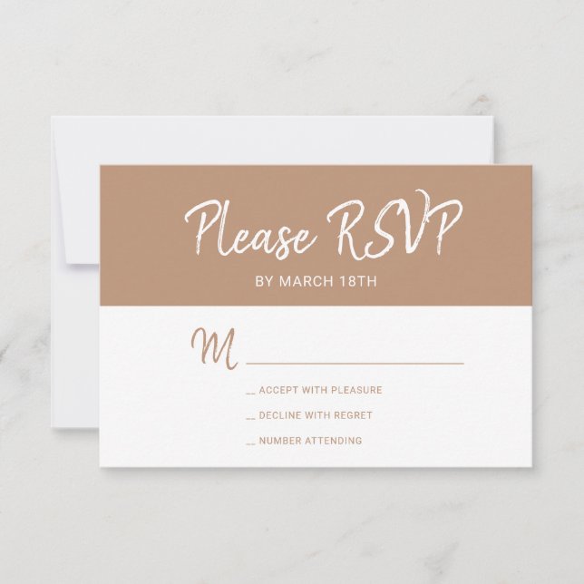 Simple modern beige tan typography wedding RSVP card (Front)