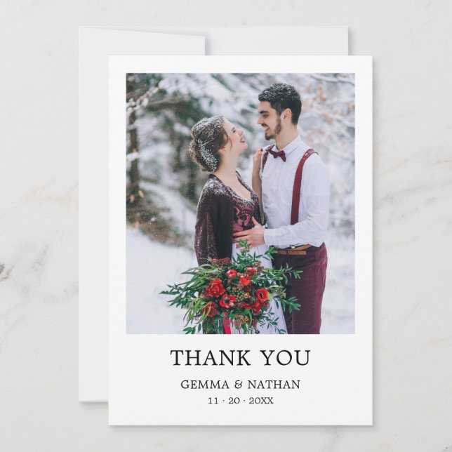 Simple Modern Black 1 Photo Wedding Thank You Card (Front)
