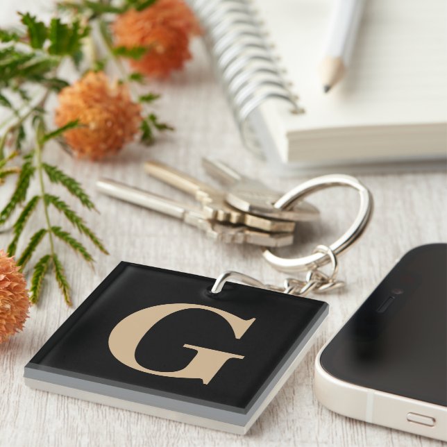 Simple Modern Black and Beige Monogram Key Ring (Front Right)