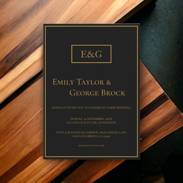 Simple Modern Black And Gold Monogram Chic Wedding Invitation (Creator Uploaded)