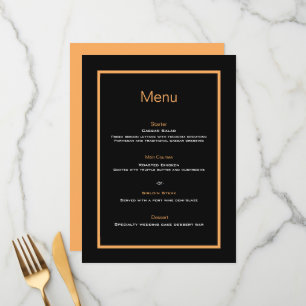 Simple modern black and orange wedding flat menu