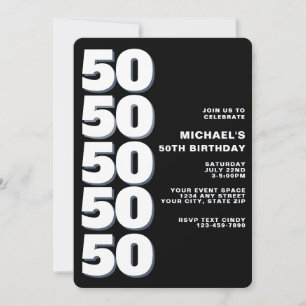 Simple Modern Black and White 50th Birthday Invitation