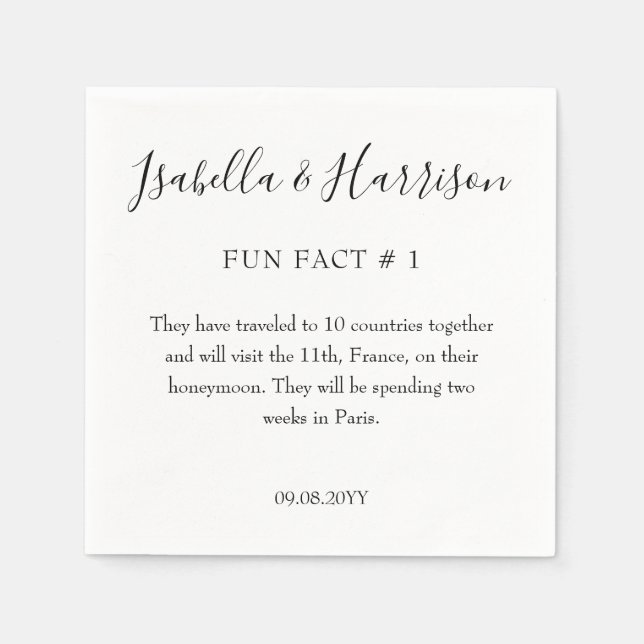 Simple Modern Black and White Fun Fact # 1Wedding  Napkin (Front)