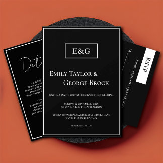 Simple Modern Black And White Monogram Wedding Invitation