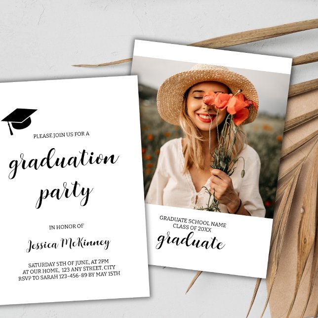 Simple Modern Black and White Photo Graduation Invitation (simple photo graduation party invitation black and white graduate cap class of 2024)