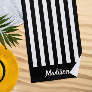 Simple Modern Black and White Stripes Monogram Beach Towel