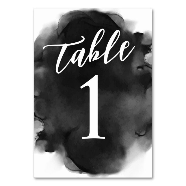 Simple Modern Black and White Watercolor Table Number (Front)