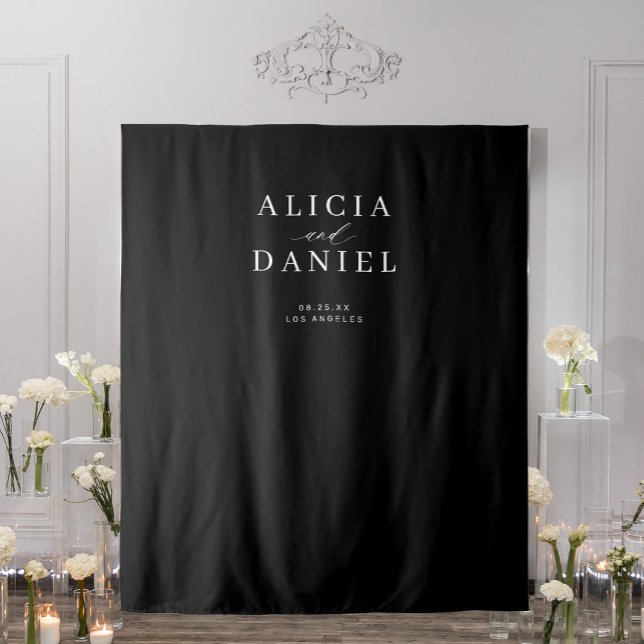 Simple modern black and white wedding backdrop tapestry (Creator Uploaded)