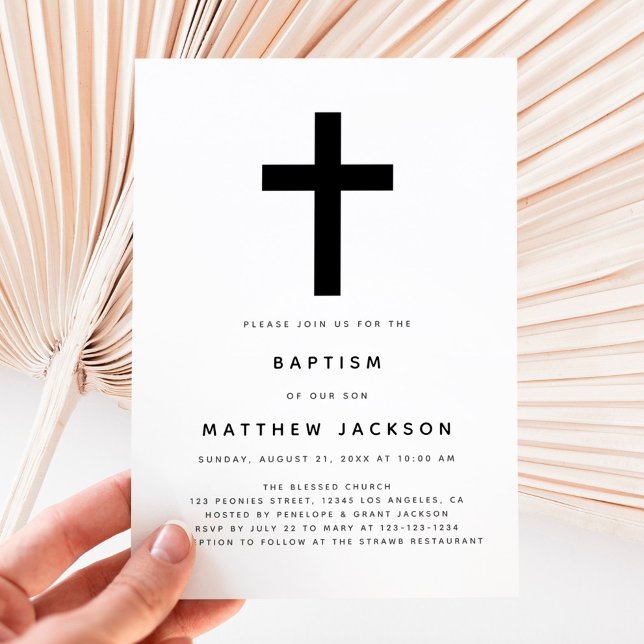 Simple Modern Black Cross Typography Baptism Invit Invitation (Creator Uploaded)