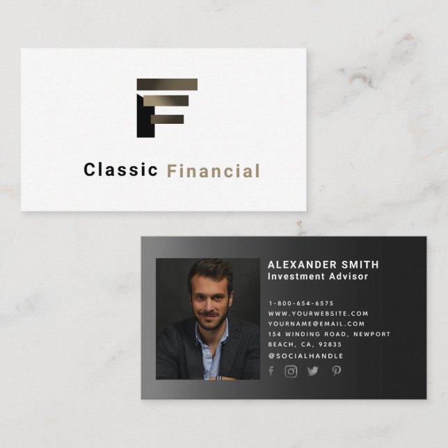 Simple Modern Black Financial Professional Photo Business Card (Front/Back)