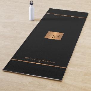Simple modern black gold chic monogrammed stripes  yoga mat