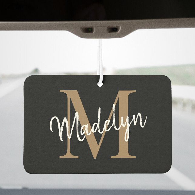 Simple Modern Black Gold Monogram Chic Script Name Car Air Freshener (Creator Uploaded)