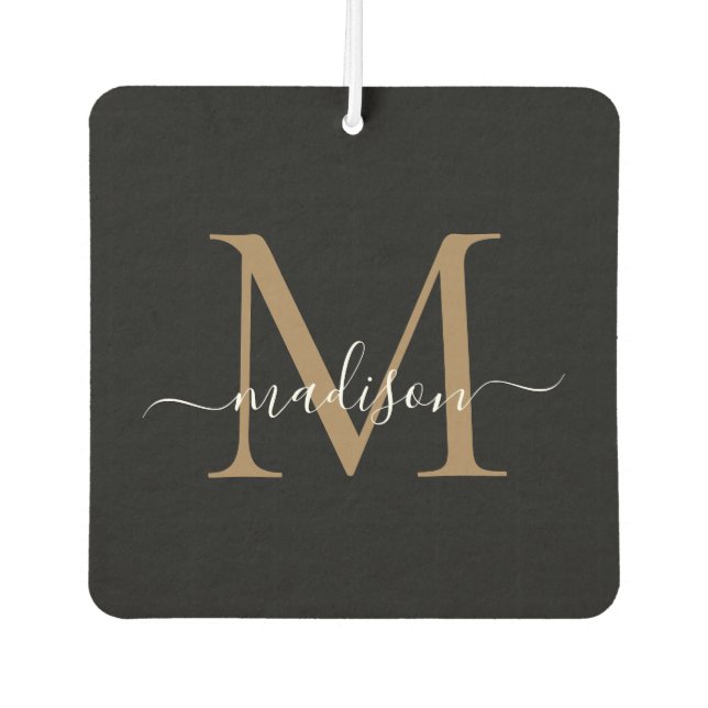 Simple Modern Black Gold Monogram Chic Script Name Car Air Freshener (Front)