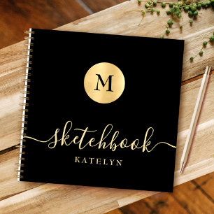 Simple Modern Black Gold Monogram Chic Sketchbook Notebook