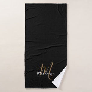 Simple Modern Black Gold Monogram Script Name Bath Towel