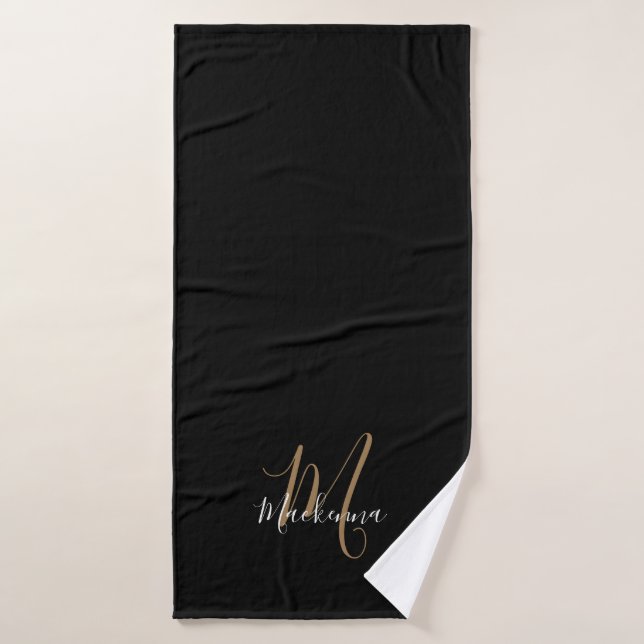 Simple Modern Black Gold Monogram Script Name Bath Towel (Bath Towel)