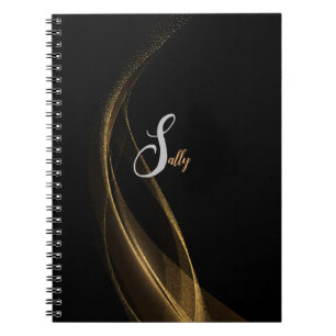 Simple Modern Black & Gold Monogram Script Name Notebook
