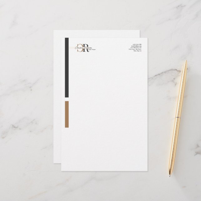 Simple Modern Black Gold Monogram Stationery (Front/Back In Situ)