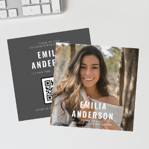 Simple Modern Black Graduation Photo QR Code Info Calling Card