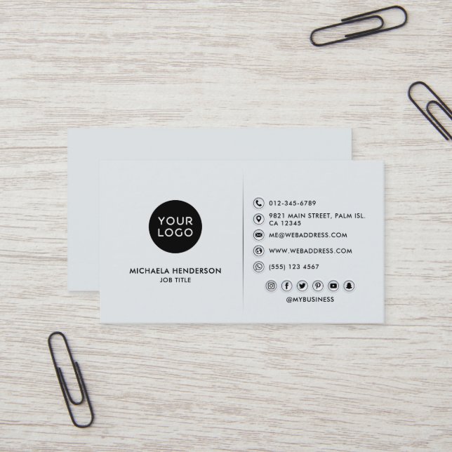 Simple Modern Black & Off White Logo & Socials Bus Business Card (Front/Back In Situ)