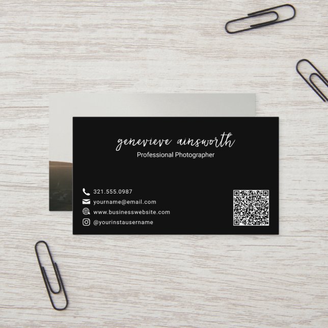 Simple Modern Black Photo QR Code Elegant Business Card (Front/Back In Situ)