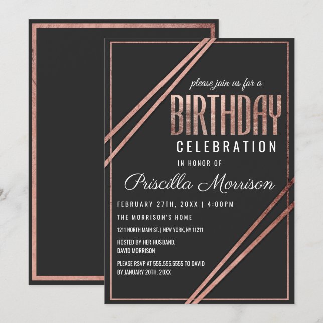 Simple Modern Black Rose Gold Chic Linear Birthday Invitation (Front/Back)