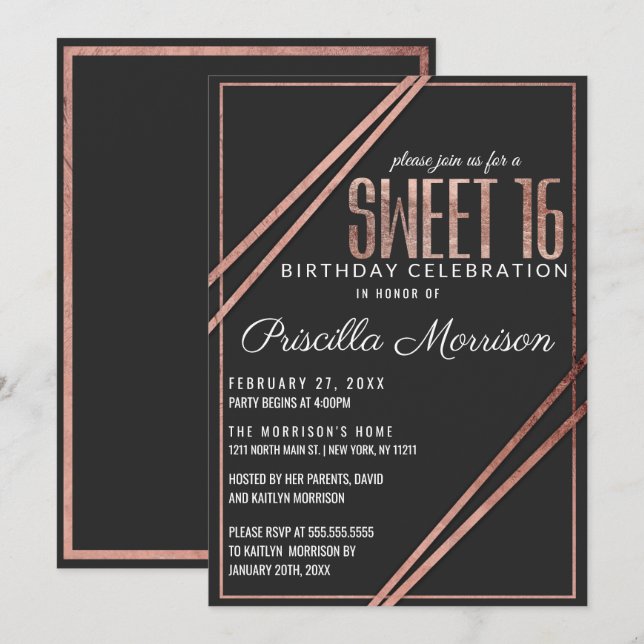 Simple Modern Black Rose Gold Chic Linear Sweet 16 Invitation (Front/Back)