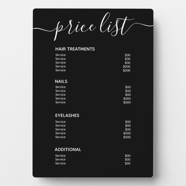 Simple Modern Black Salon Price List Service Plaque (Front)