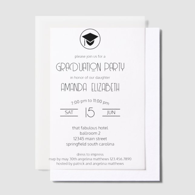 Simple Modern Black Stylish Chic Graduation Party Vellum Invitations (Offset)