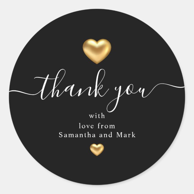 Simple Modern Black Wedding Gold Heart Classic Round Sticker (Front)