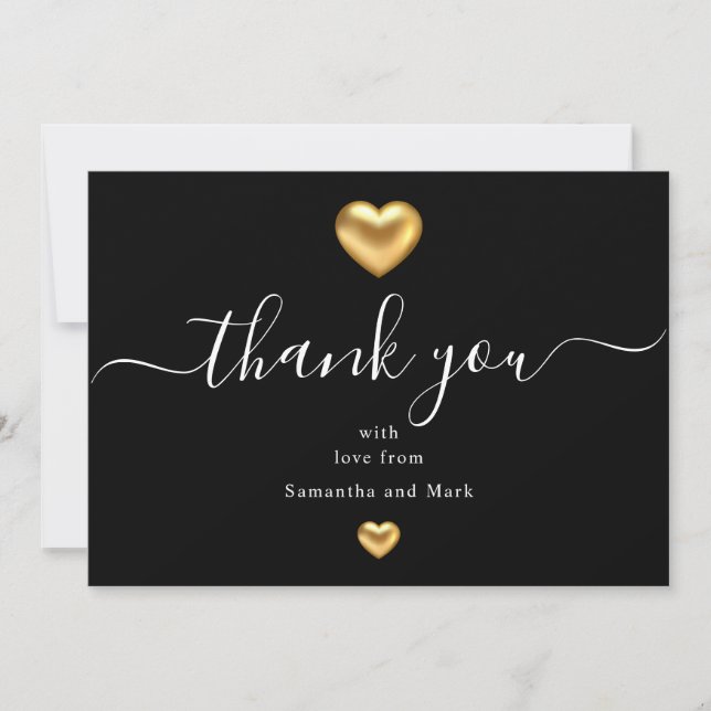 Simple Modern Black Wedding Gold Heart Flat Card (Front)