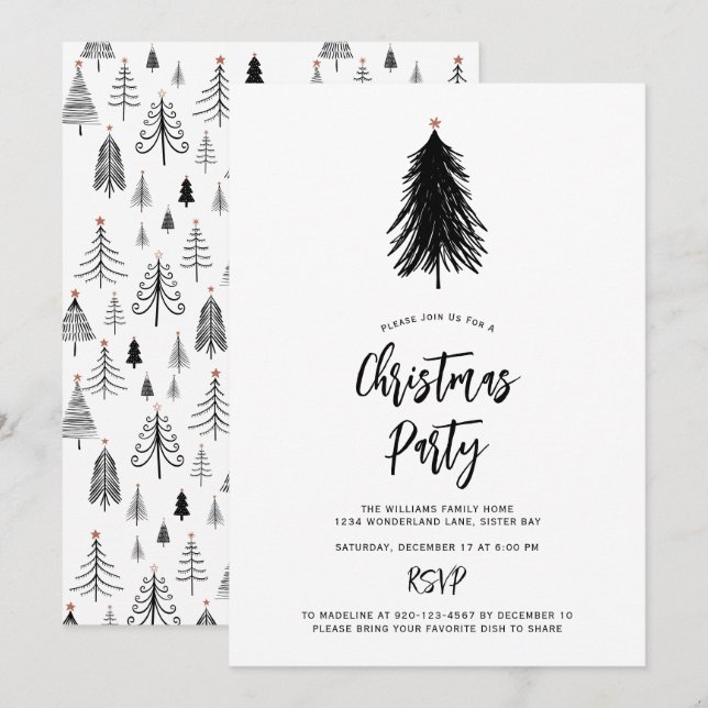 Simple Modern Black White Christmas Tree Party Invitation (Front/Back)