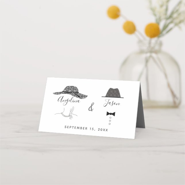 Simple Modern Black White Couple Portrait Wedding Place Card (Back)