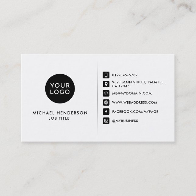 Simple Modern Black & White Custom Logo & Socials Business Card (Front)