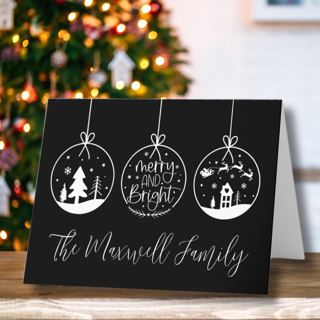 Simple Modern Black White Family Christmas Holiday Card (Simple Modern Black White Merry And Bright Holiday Card)