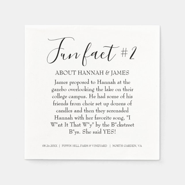 Simple Modern Black & White Fun Fact 2 Wedding Napkin (Front)