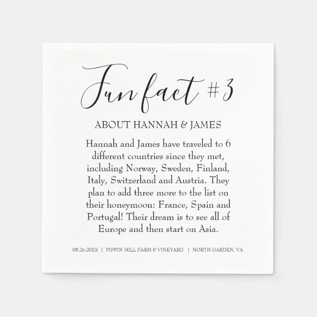 Simple Modern Black & White Fun Fact 3 Wedding Napkin (Front)