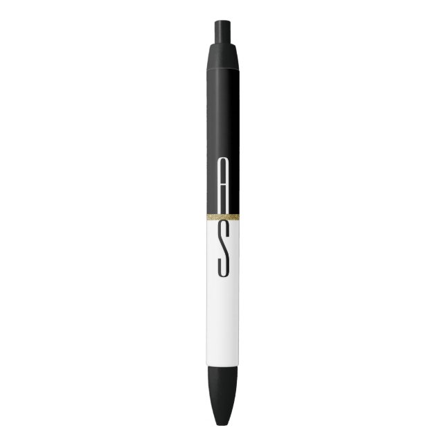 Simple Modern Black White & Gold Glitter Monogram Black Ink Pen (Front Vertical)