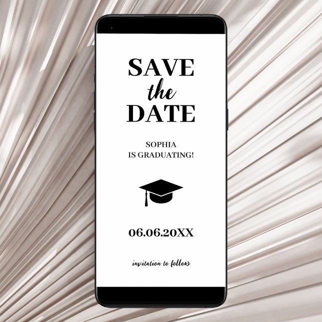 Simple Modern Black & White Grad Cap Graduation Save The Date (graduation save the date card simple minimalist black and white class of 2024)