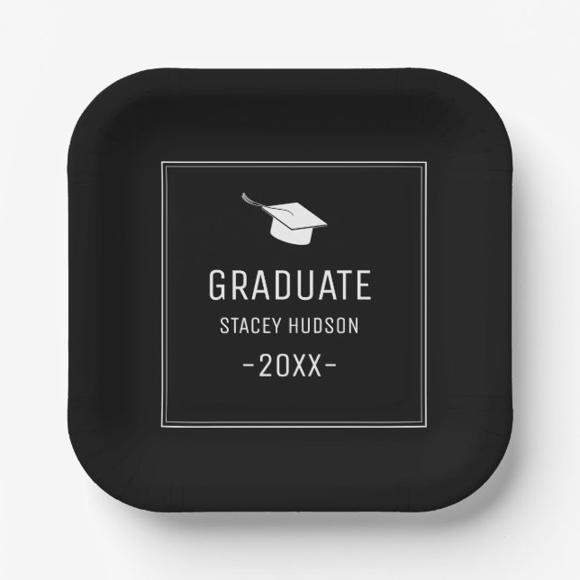 Simple Modern Black & White Graduation Party  Paper Plate (Front)