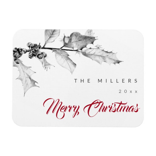 Simple Modern Black White Holly Drawing Christmas Magnet (Horizontal)